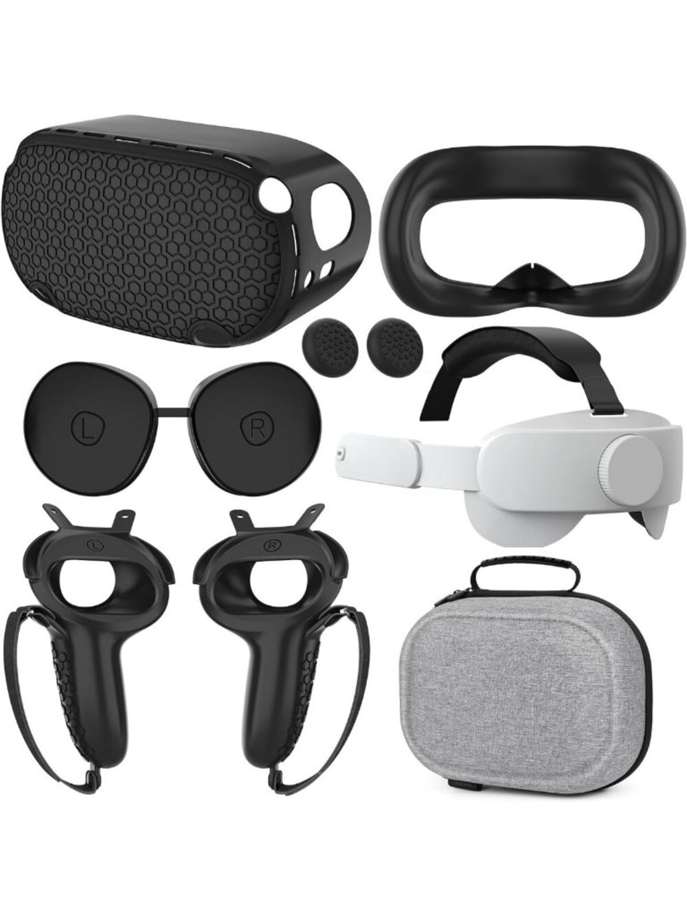 VR Headset Accessories Bundle - Adjustable Head Strap, Case, Face Cover & More